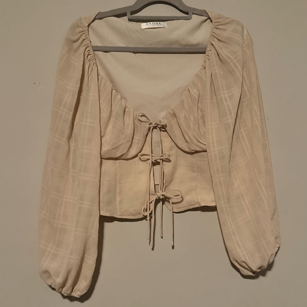 GUC Native Daughters Beige Plaid Blouse with Front Bow Ties and Long Sleeves